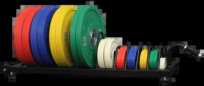 American Barbell Horizontal Rolling Bumper Storage with colored plates