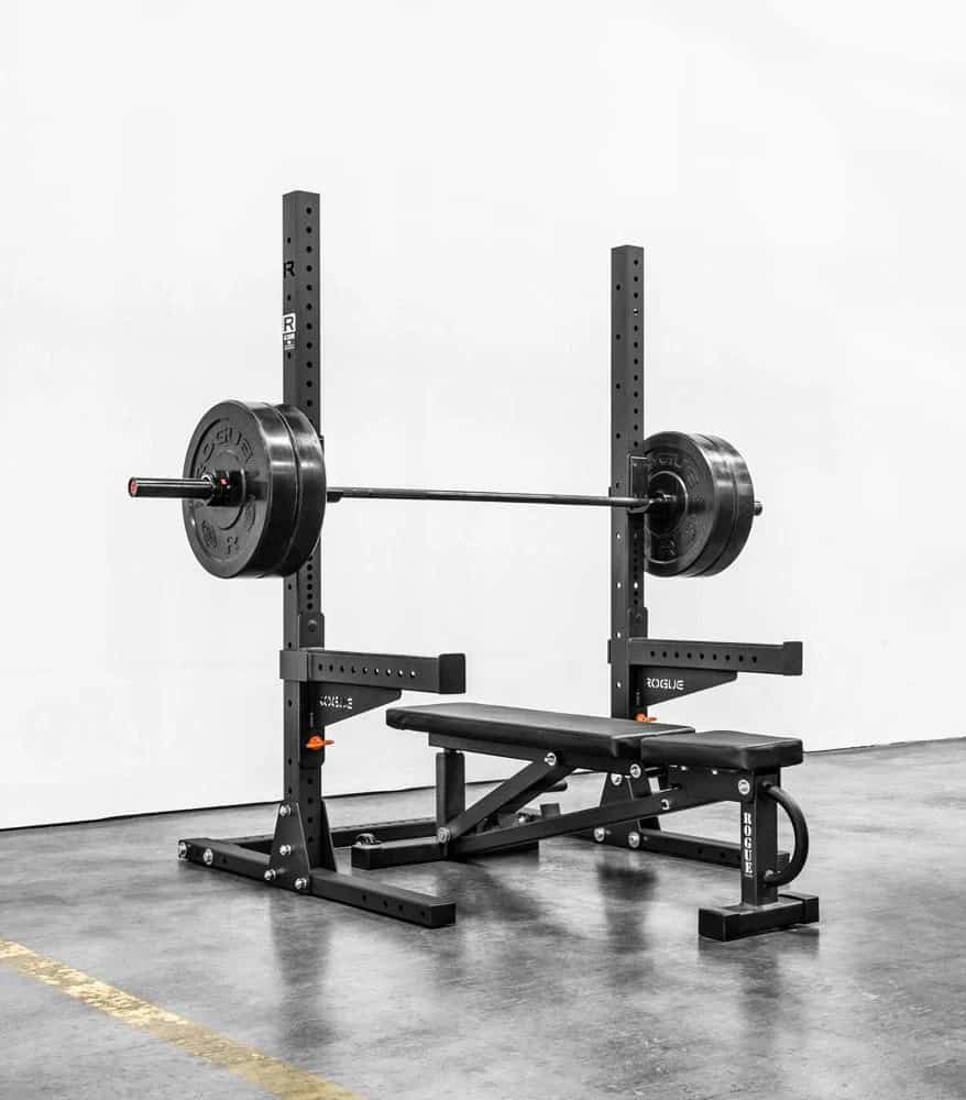 Rogue SML-1 Rogue 70 Monster Lite Squad Stand with barbell and bench