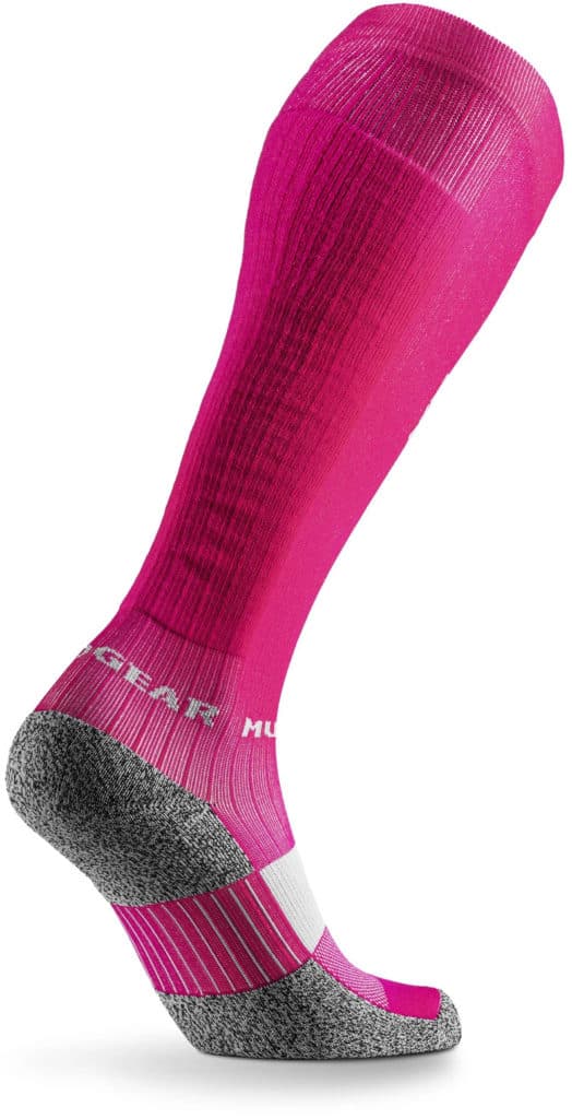 MudGear Tall Compression Socks Pink Gray quarter back view