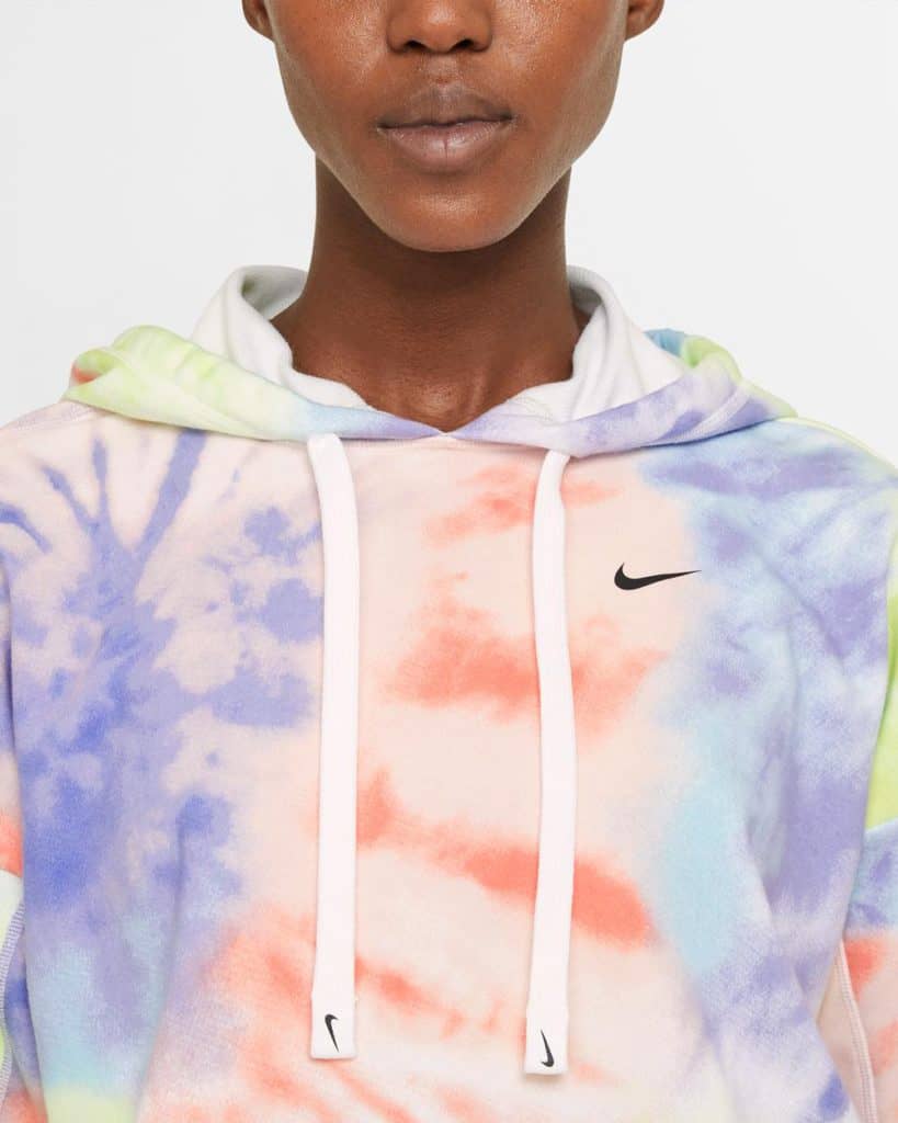 Nike Womens Dri-FIT Get Fit Tie-Dye Pullover Training Hoodie worn closeup