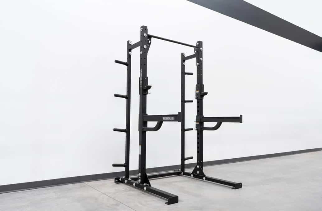 Torque USA High Squat Rack with Storage and Spotter Arms quarter view right