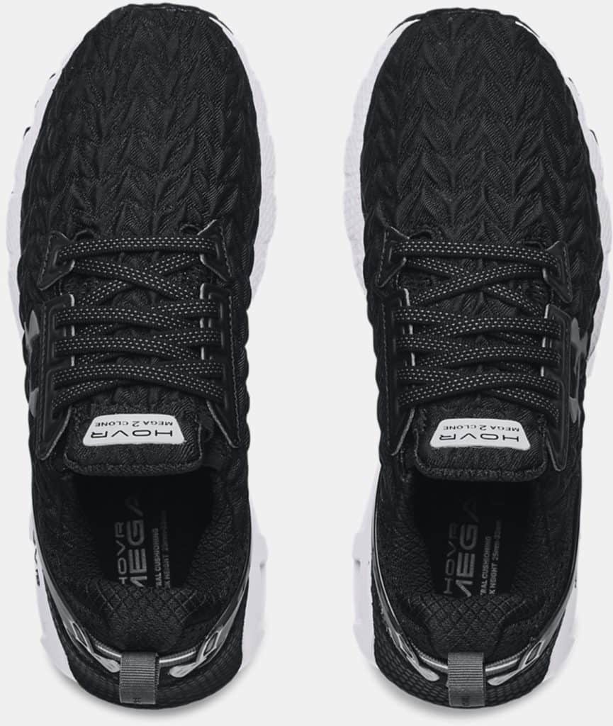 Womens UA HOVR Mega 2 Clone Running Shoes Black White top view pair