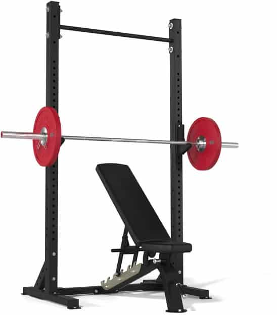 American Barbell Pull-Up Squat Stand with a bench chair