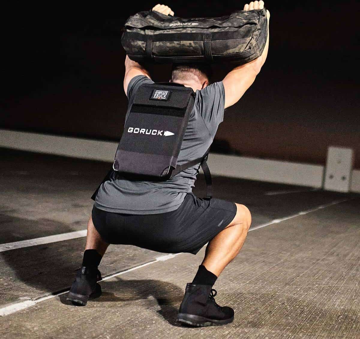 GORUCK Ballistic Trainers - Mid - Black + Camo worn squat