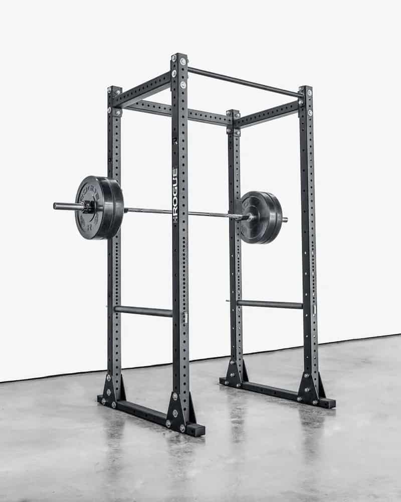 Rogue RML-390F Flat Foot Monster Lite Rack with a barbell