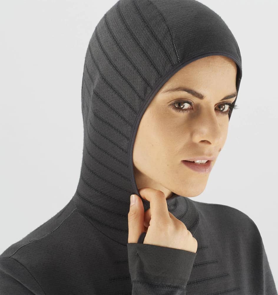 Salomon ESSENTIAL WOOL Womens Long Sleeve T-Shirt Hoodie hood