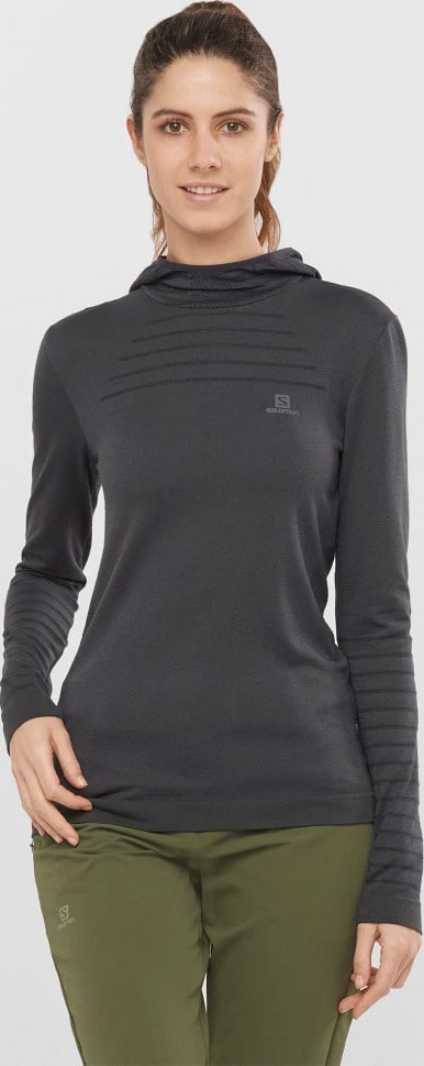 Salomon ESSENTIAL WOOL Womens Long Sleeve T-Shirt Hoodie worn front