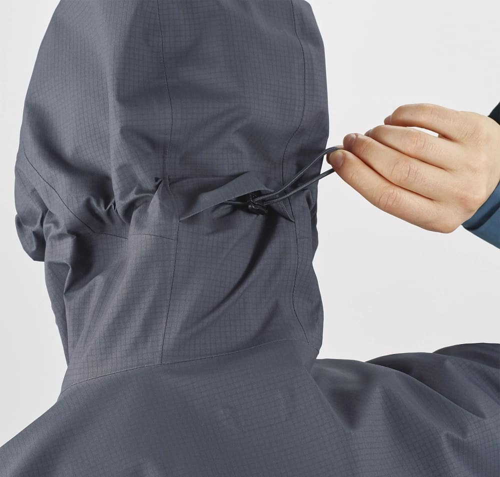 Salomon OUTLINE GORE-TEX HYBRID Womens Shell Jacket worn back hood