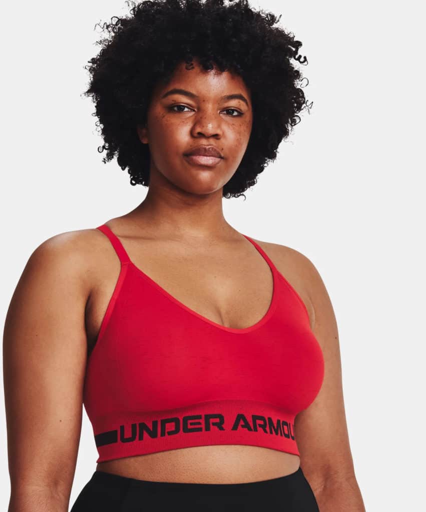 Under Armour Womens UA Seamless Low Long Heather Sports Bra worn front 2
