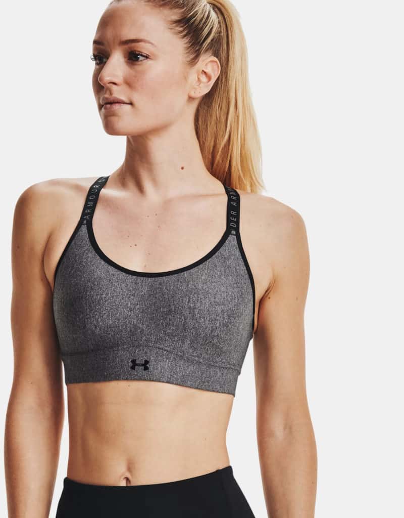 Under Armour Womens UA Infinity Mid Heather Cover Sports Bra worn front