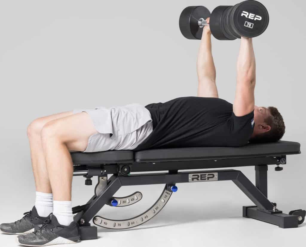 Rep Fitness AB-5000 Zero Gap Adjustable Bench with an athlete 6