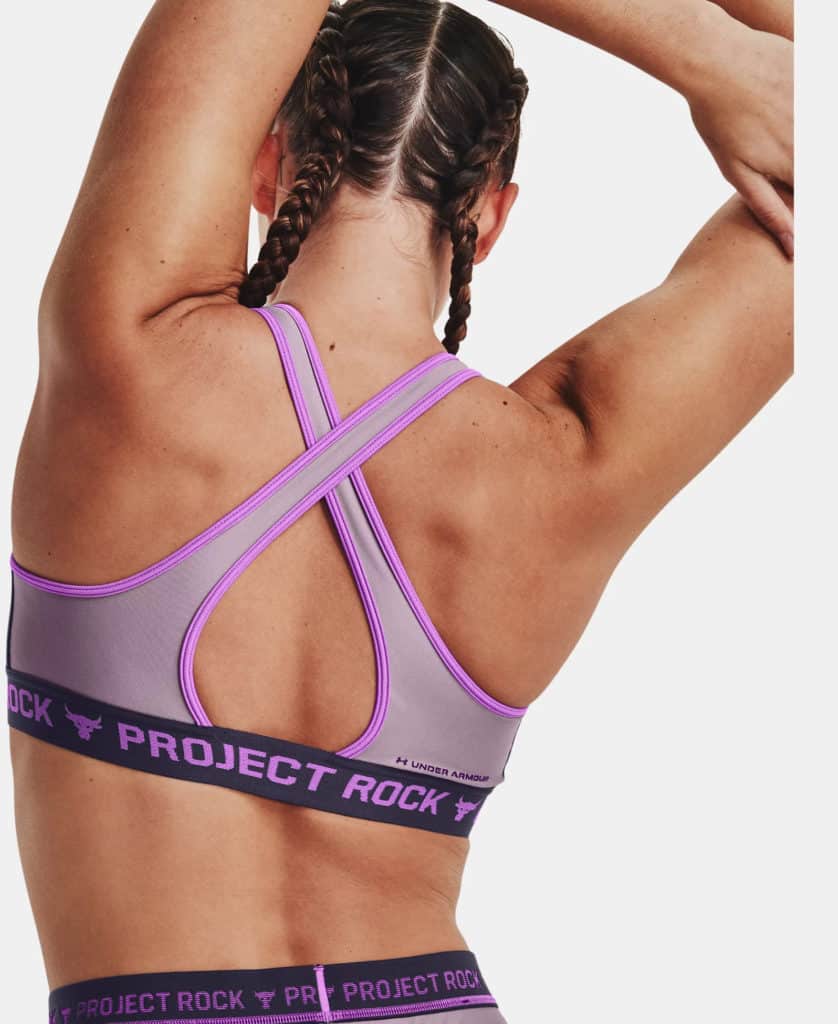 Under Armour Womens Project Rock Crossback Disrupt Sports Bra back worn