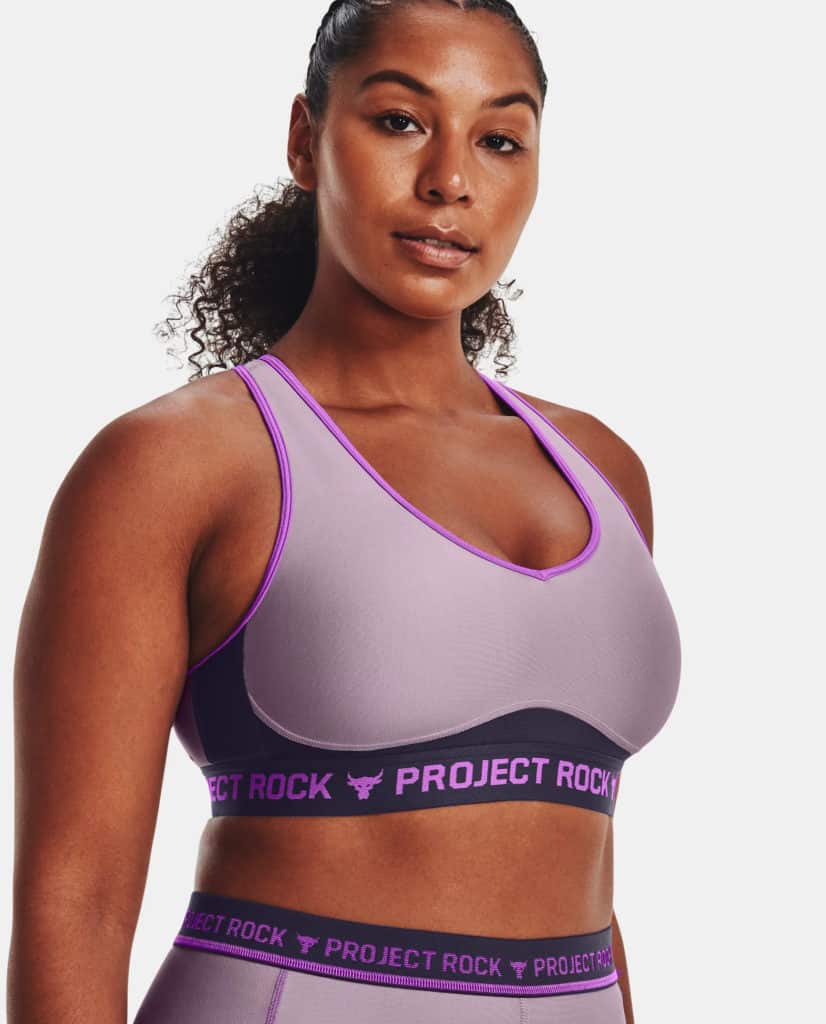 Under Armour Womens Project Rock Crossback Disrupt Sports Bra worn front 2