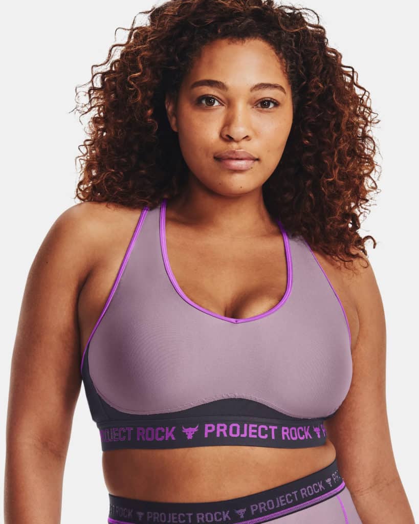 Under Armour Womens Project Rock Crossback Disrupt Sports Bra worn front 3