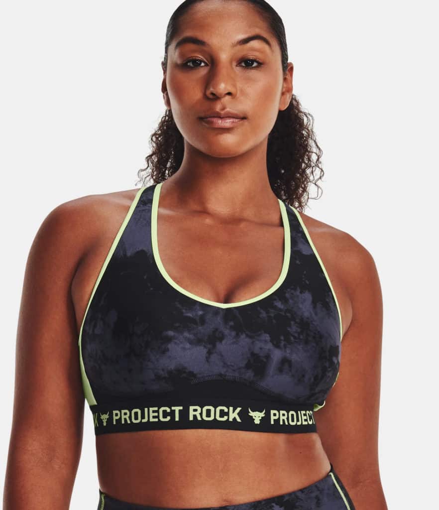 Under Armour Womens Project Rock Crossback Printed Sports Bra front worn 2