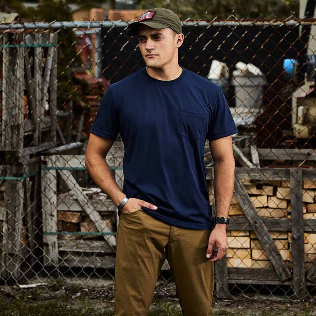 GORUCK Indestructible Tough Tee navy worn by an athlete