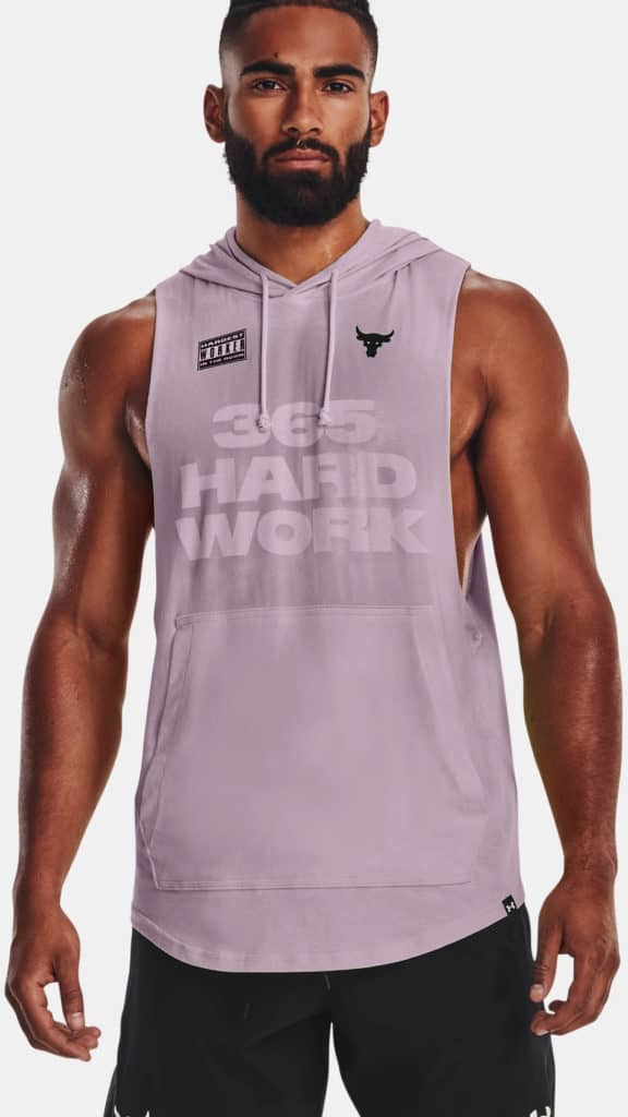 Under Armour Mens Project Rock Show Your Work Sleeveless Hoodie front worn
