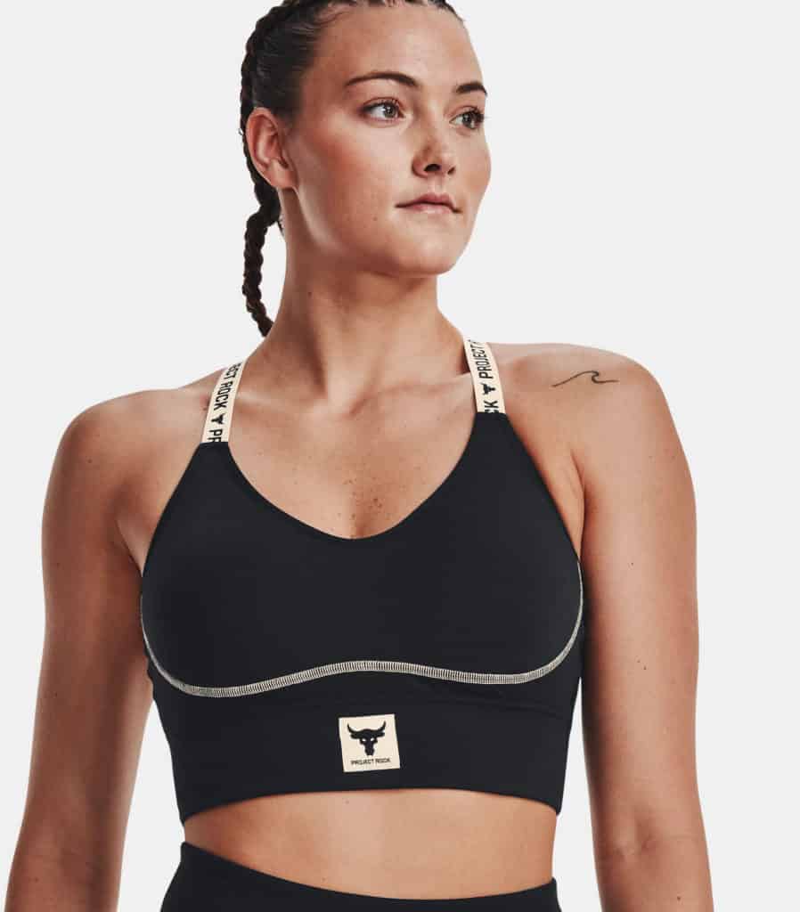 Under Armour Womens Project Rock Infinity Mid Sports Bra worn front