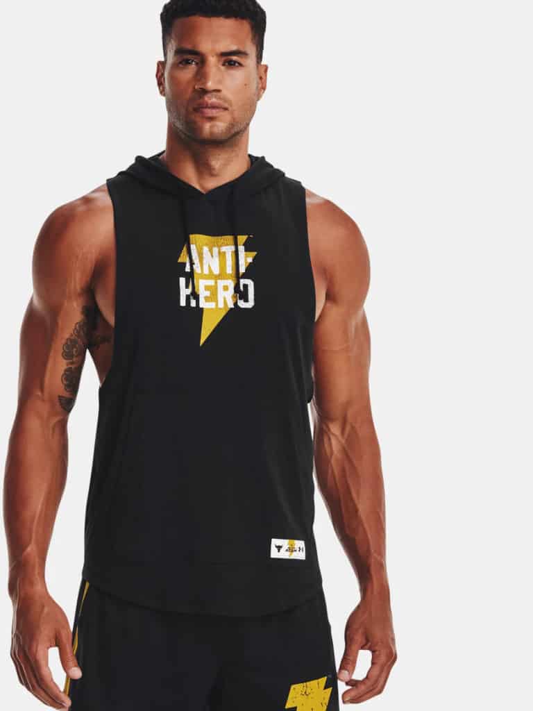 Under Armour Mens Project Rock Black Adam Sleeveless Hoodie worn by an athlete