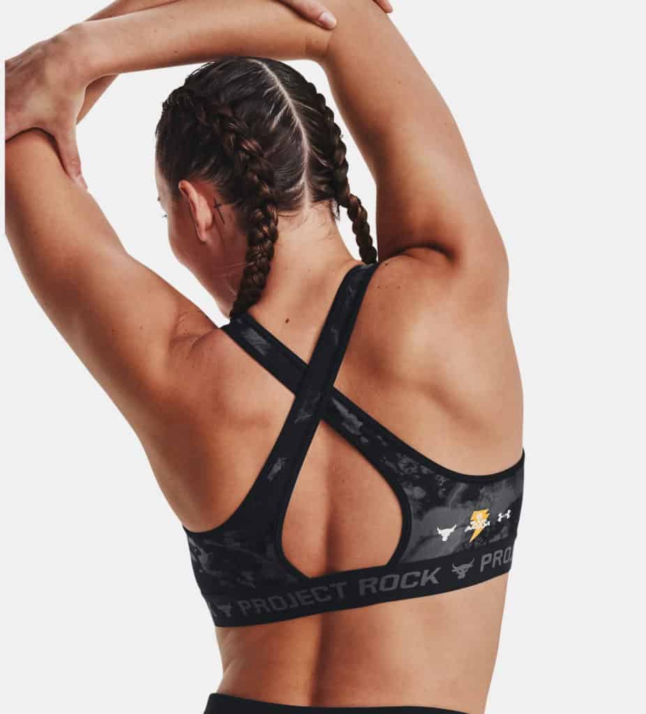 Under Armour Womens Project Rock HeatGear® Black Adam Sports Bra back stretch