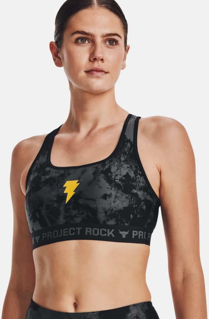 Under Armour Womens Project Rock HeatGear® Black Adam Sports Bra worn front